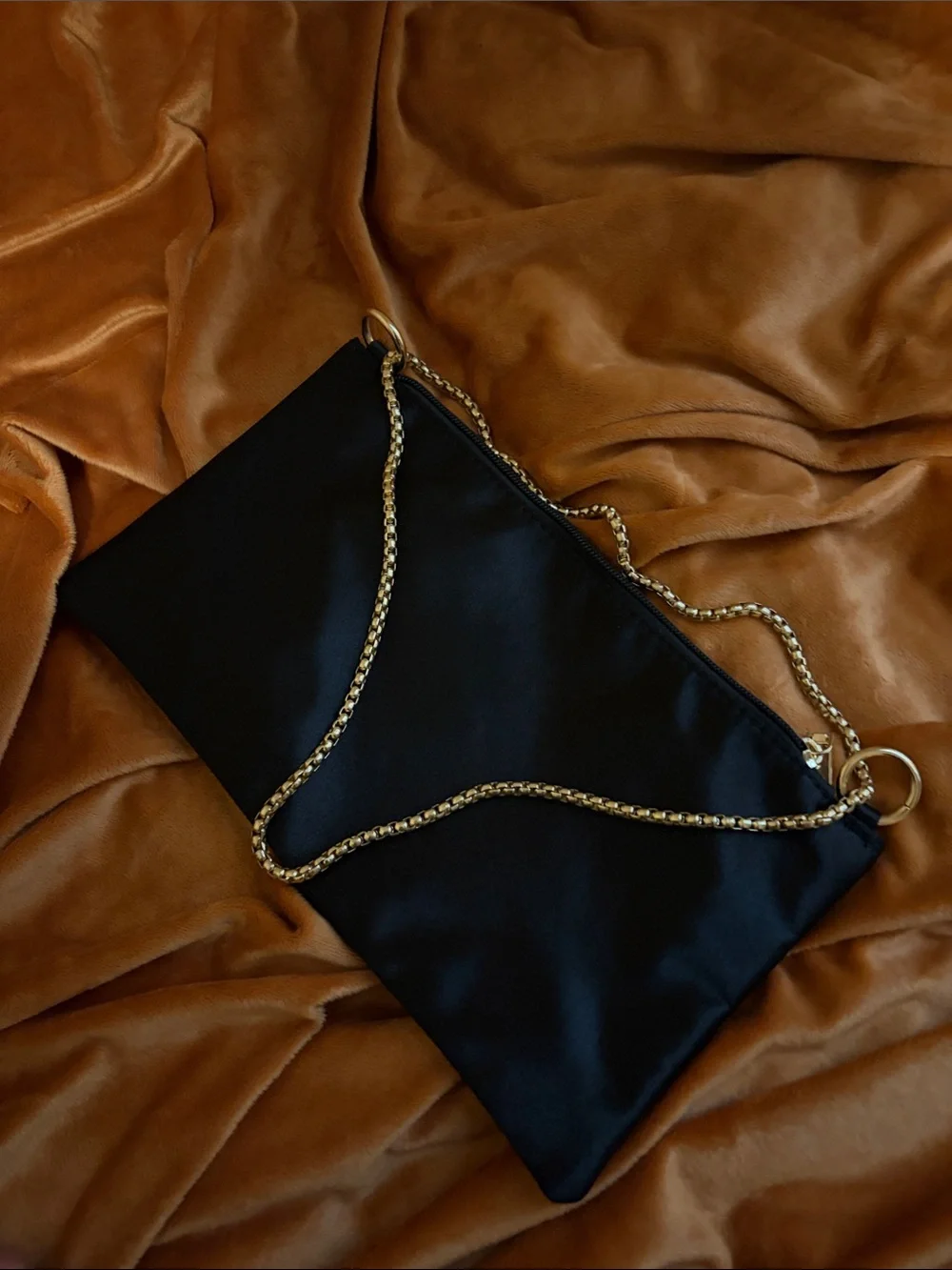 Black Nylon Clutch with Gold Chain Strap
